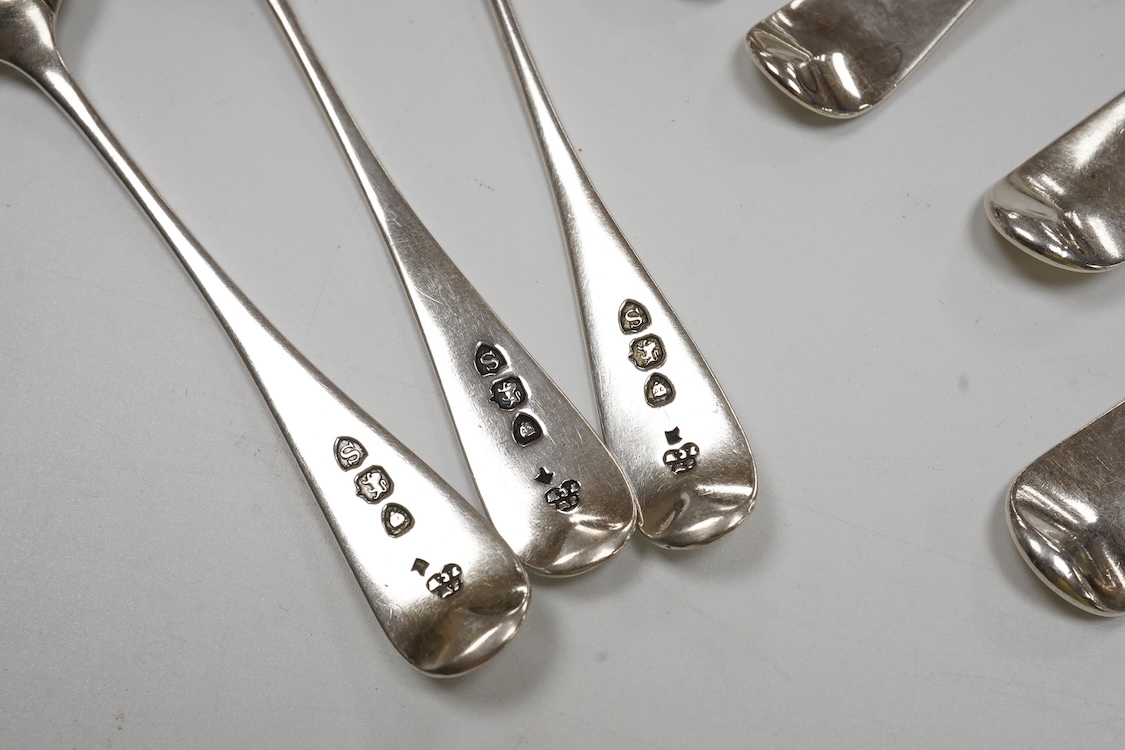 A set of six George III silver Hanoverian pattern dessert forks, Christopher & Thomas Wilkes Barker, London, 1802, together with six 18th century silver base mark dessert spoons and a set of six late Victorian engraved s